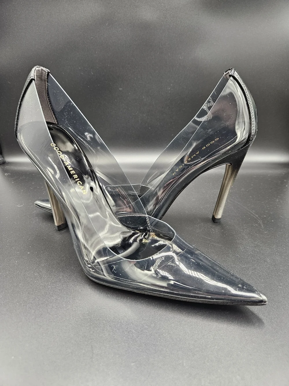 Good American Clear PVC Pointed-Toe Stilettos with Black Trim